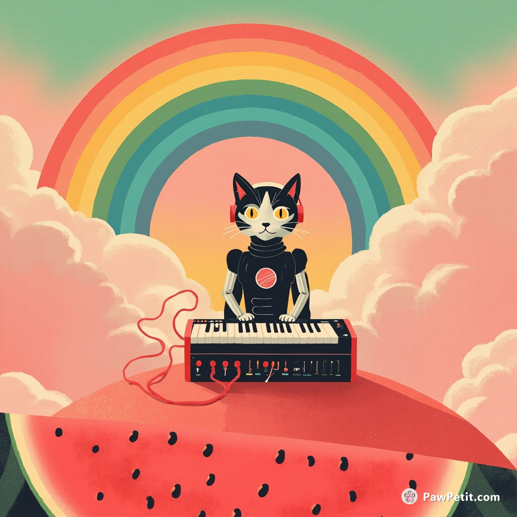 Cyborg cat playing an electric theremin on a watermelon planet under bubblegum rainbows.