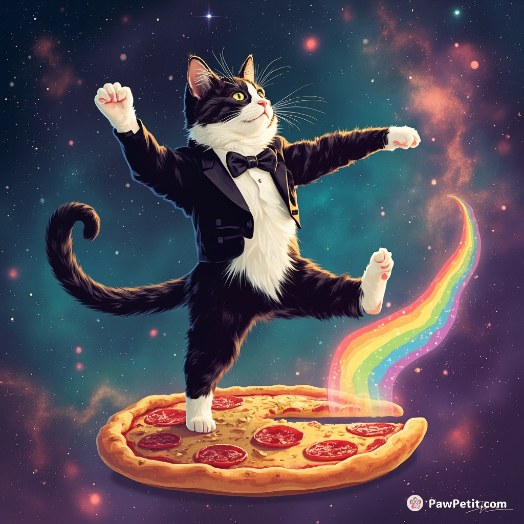 A tuxedo cat tap dancing on a slice of rainbow unicorn pizza in outer space.