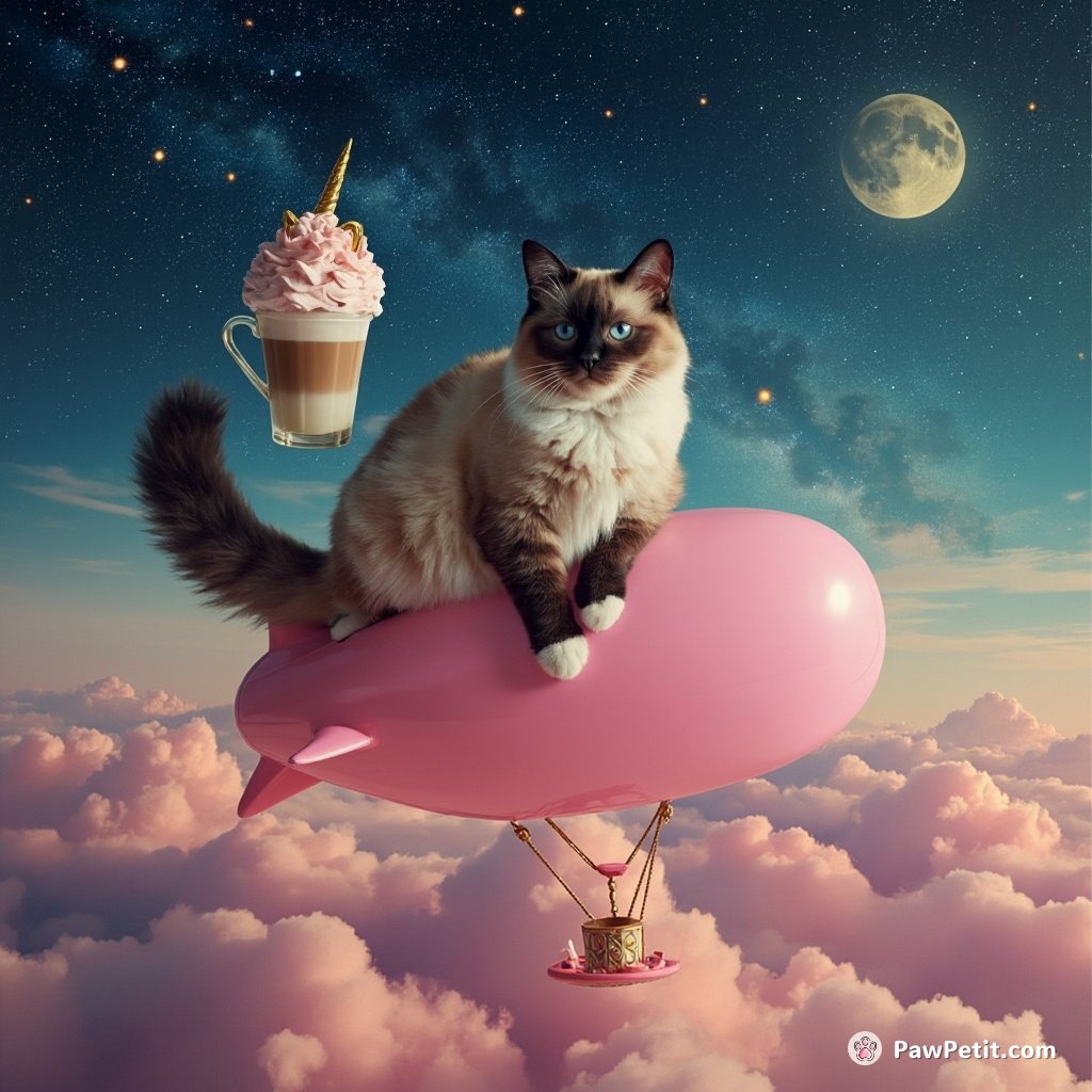 A rococo-styled Siamese cat balancing a flamboyantly unicorn-shaped cappuccino on its tail, atop a floating peony pink blimp in the middle of Pop Art Starry Night.