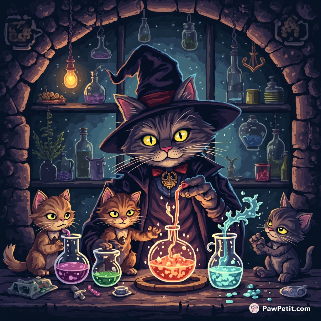 A conspiratorial cat teaching less-fortunate alley cats how to mix potions in a hidden underground, alchemical lab.