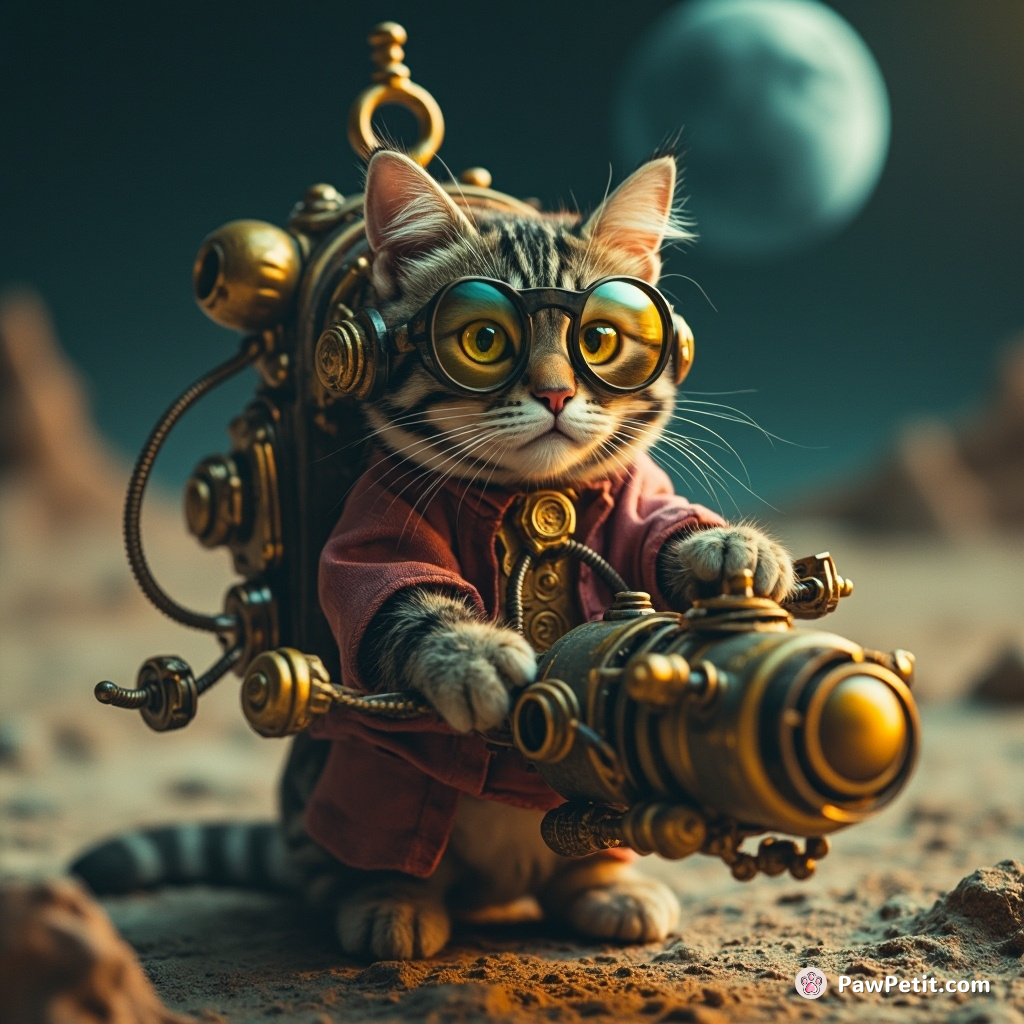 A worried, steampunk cat operating ancient alien machinery on a deserted moon.
