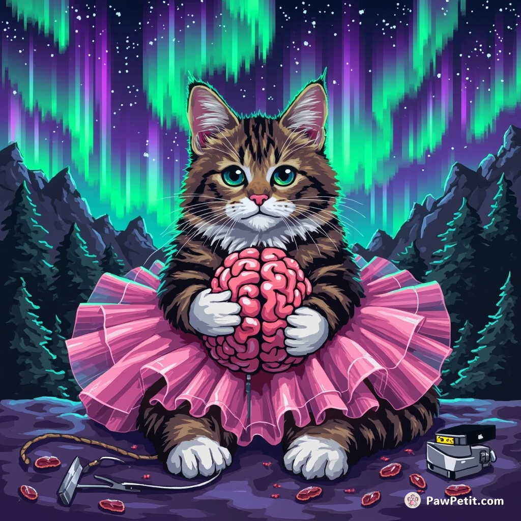 Cat in a tutu performing brain surgery on rodents beneath an aurora borealis.