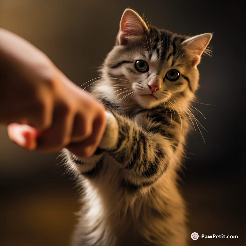 Cat mistakes a handshake for a paw bump, swats human's hand away mid-gesture.