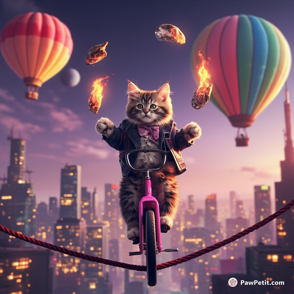 A kitten riding a unicycle on a tightrope between two hot air balloons over métropolis, juggling flaming oysters.