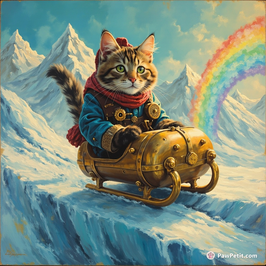 Steampunk cat riding a gleaming bronze toboggan down a rainbow glacier.