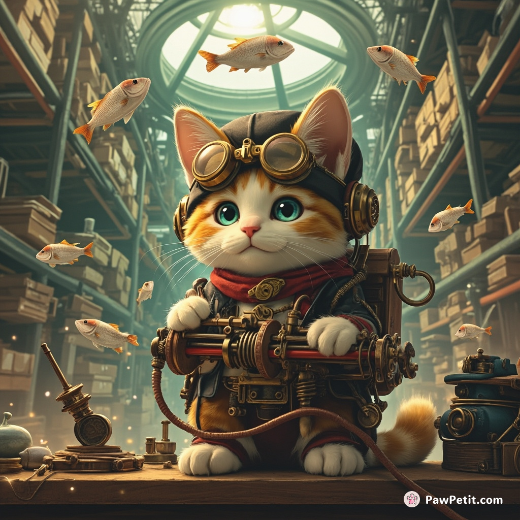 A steampunk cat designing a contraption to capture flying fish in a zero-gravity industrial warehouse.