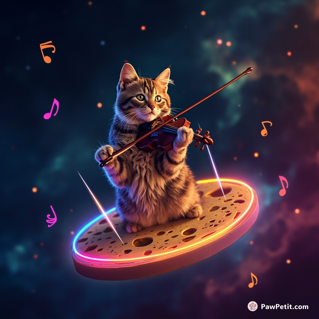 Cat playing a neon violin on a floating cheese wheel in space, enchanted by rainbow stars showering meteor jazz notes.