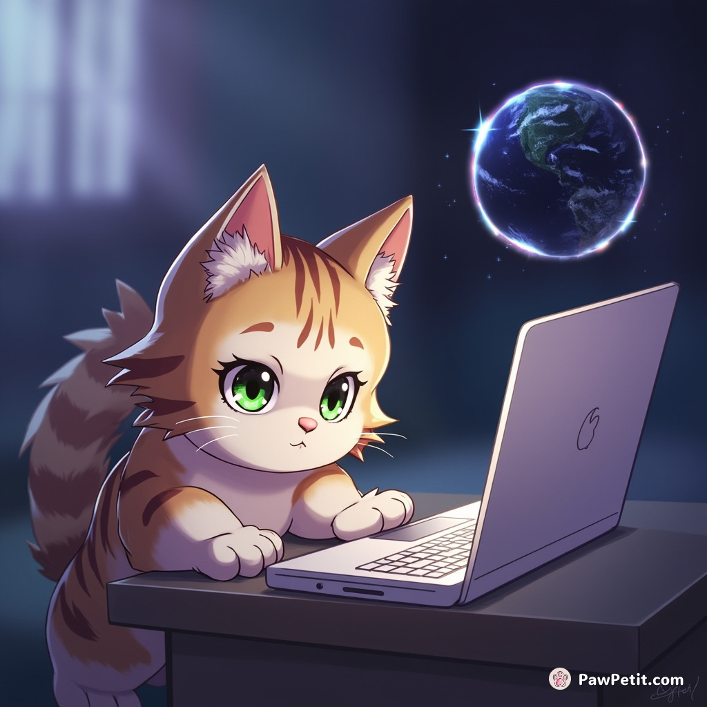 Curious cat swats at a laptop, thinking it controls the mysterious human world.