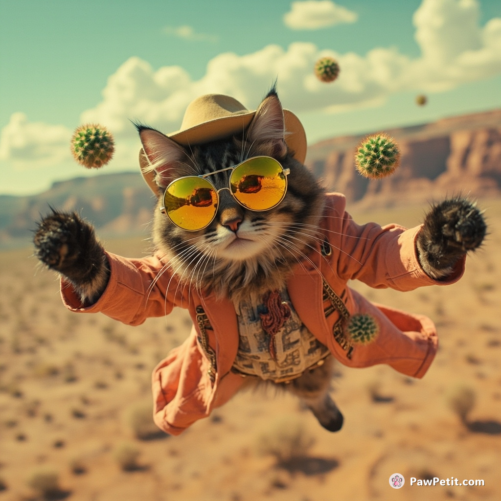 A cat skydiving over a spaghetti-western desert, sporting mirrored sunglasses and neon-tinted cowboy gear while juggling a cluster of alien cacti.
