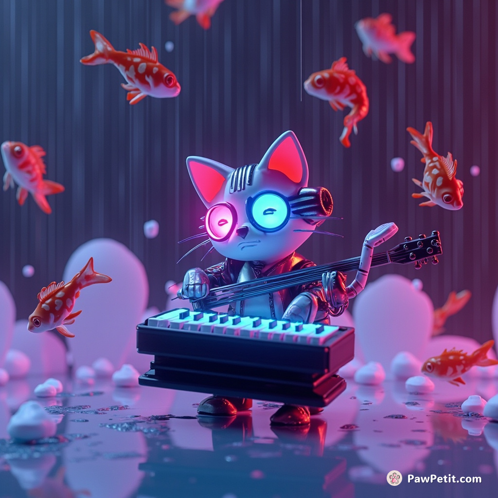 Cybernetic cat playing a theremin amidst floating fish under a neon rain.