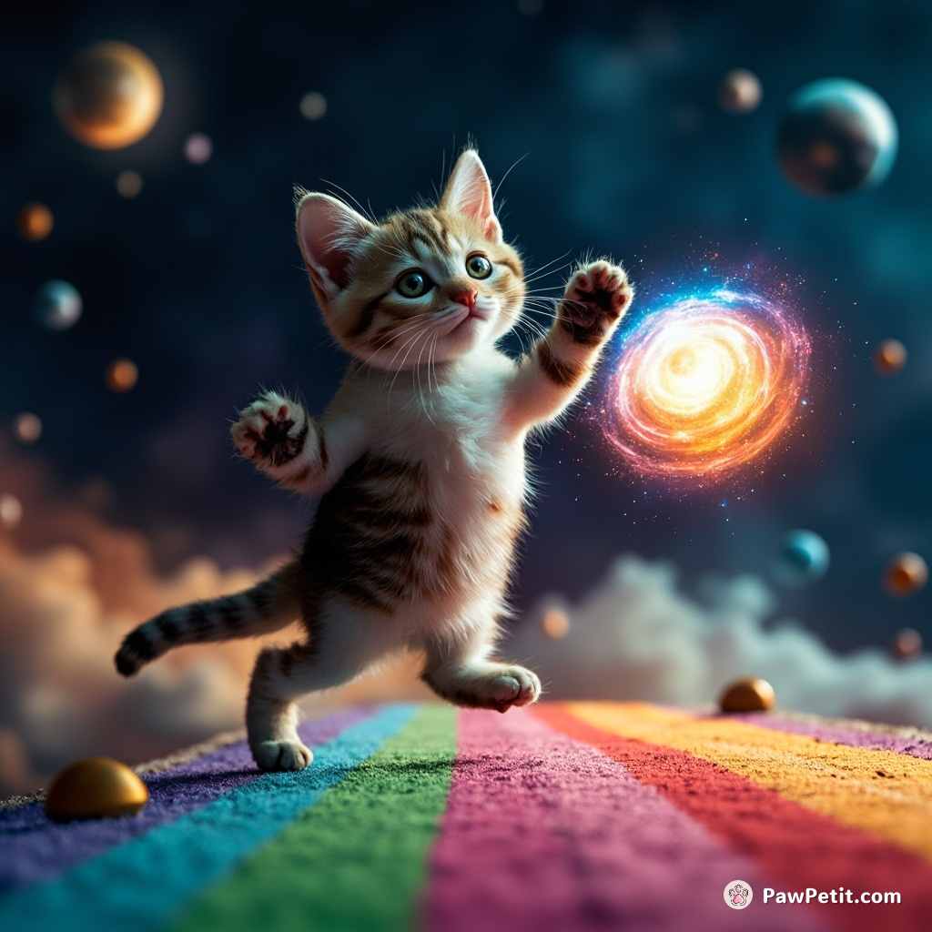 Cat balancing a rotating galaxy on its tail while moonwalking on a rainbow road in space.