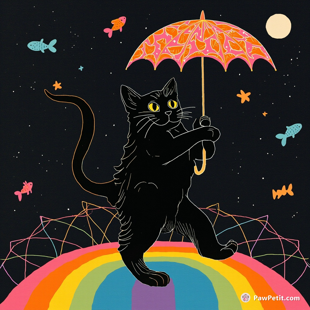 A black cat tap-dancing on a cosmic rainbow bridge, holding an umbrella made of neon fish.