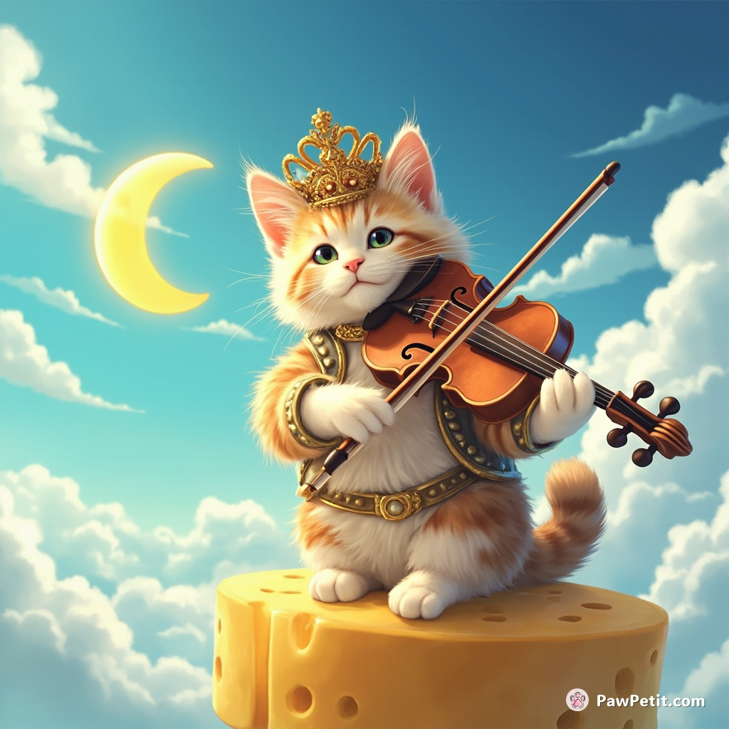 A lavishly crowned cat playing a violin made of moonbeams atop a floating cheese wheel in the azure afternoon skies.
