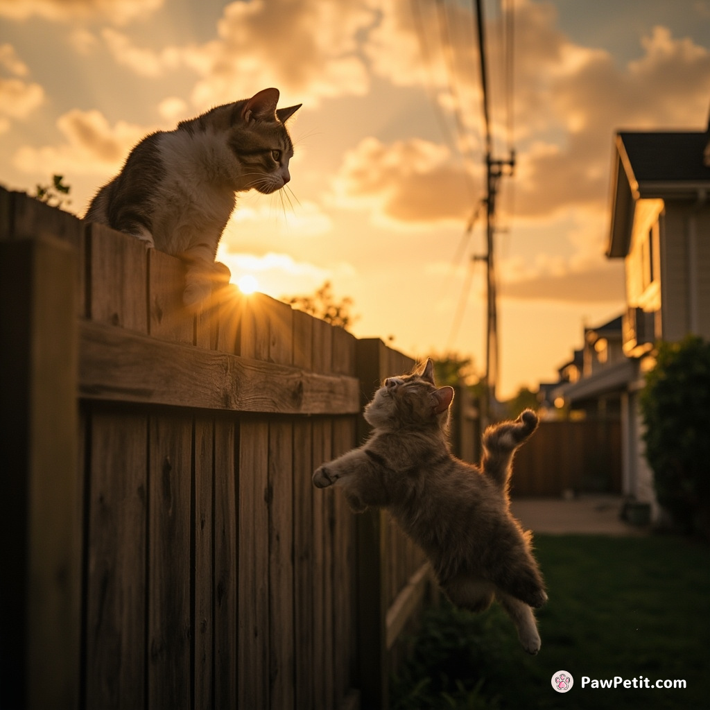 Cat leaps onto fence, imitates human pose, gazes at sunset, then topples into neighbor's yard with a startled yowl.