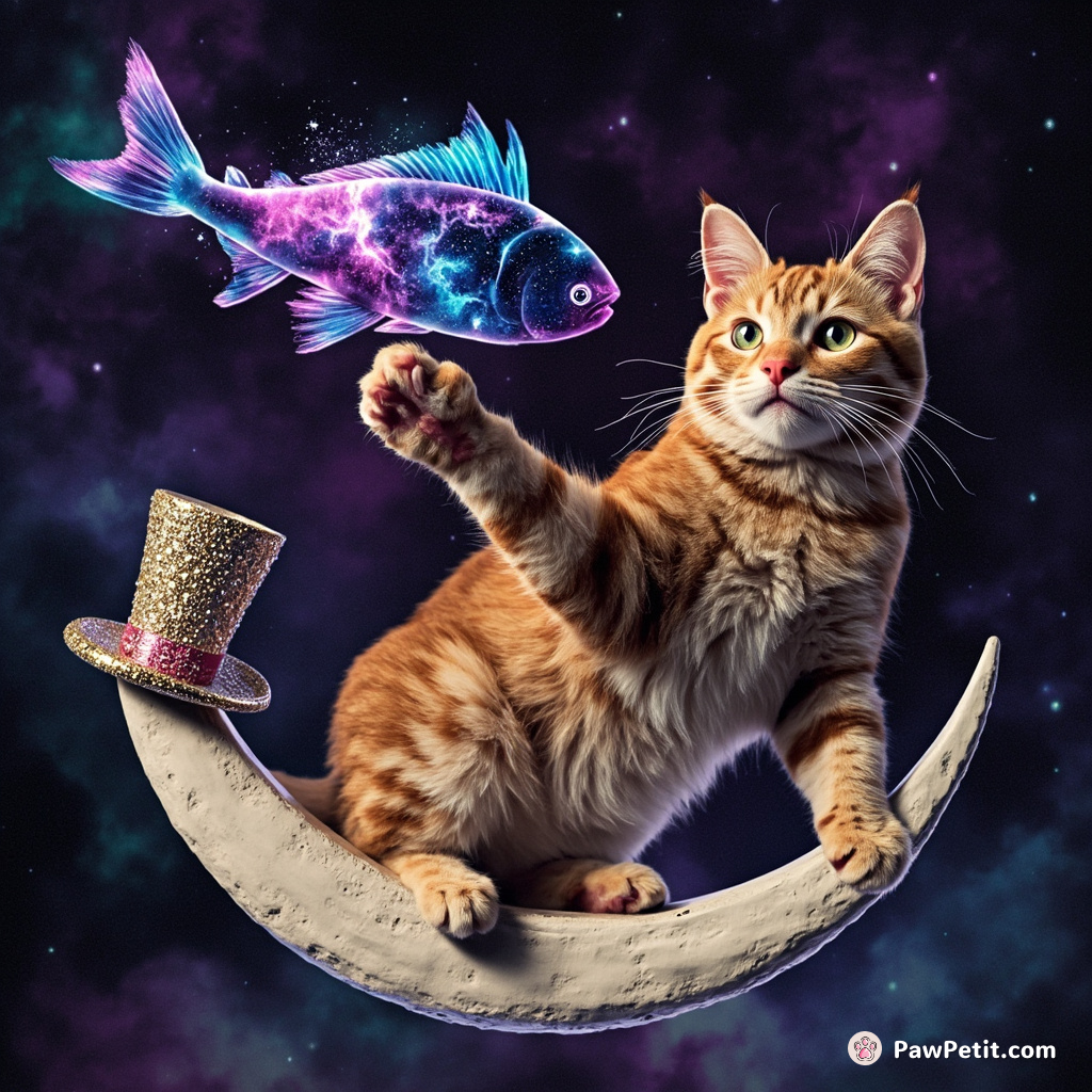 Giant ginger cat juggling nebula-stuffed galactic fish atop the crescent moon, balancing a diamond-studded top hat on its tail.