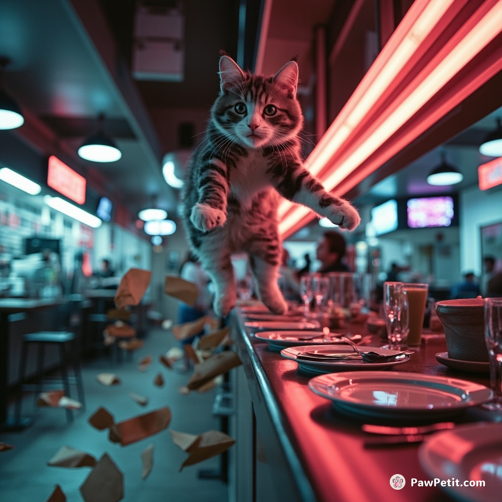 Darting anxiously, the cat leaps from its safe perch onto a busy restaurant countertop, scattering plates and cutlery in chaos.