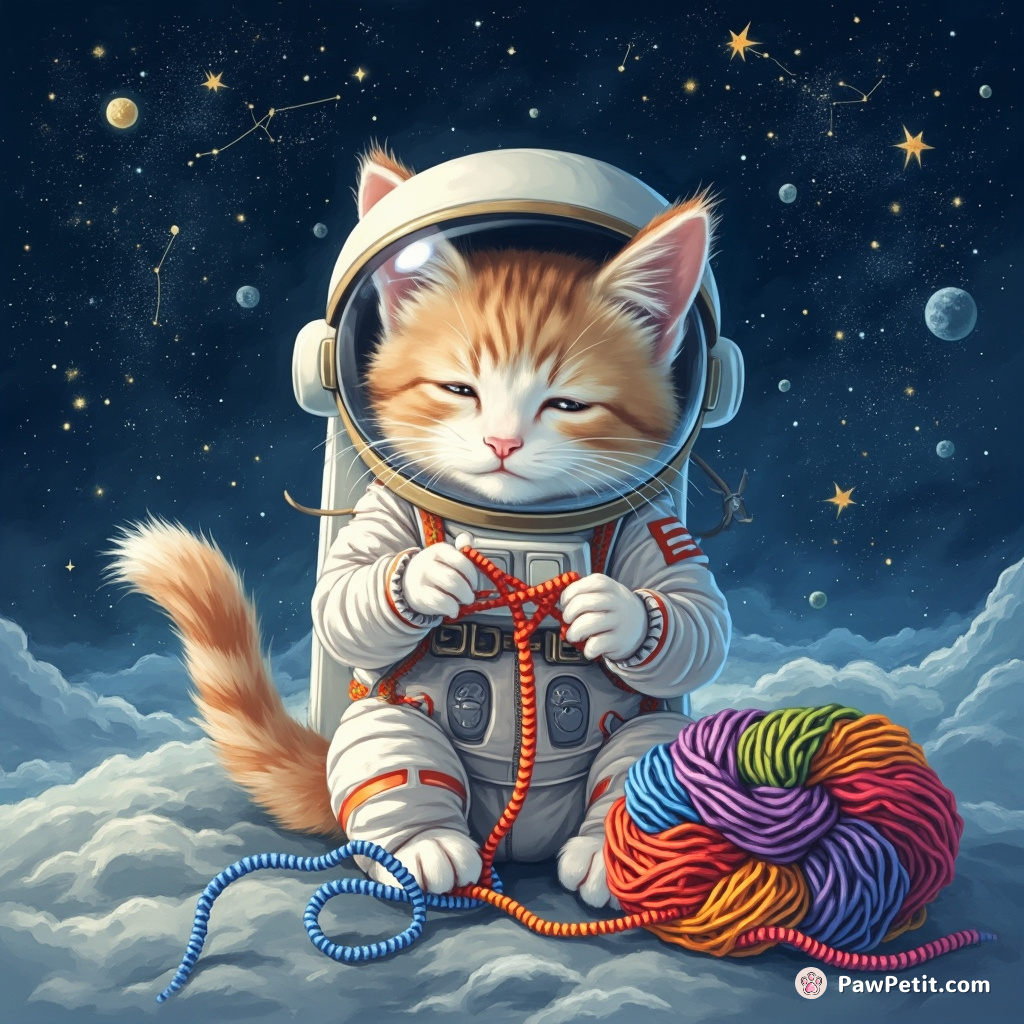 Cat, dressed as an astronaut, knit constellations using rainbow-colored wool on the surface of the moon.