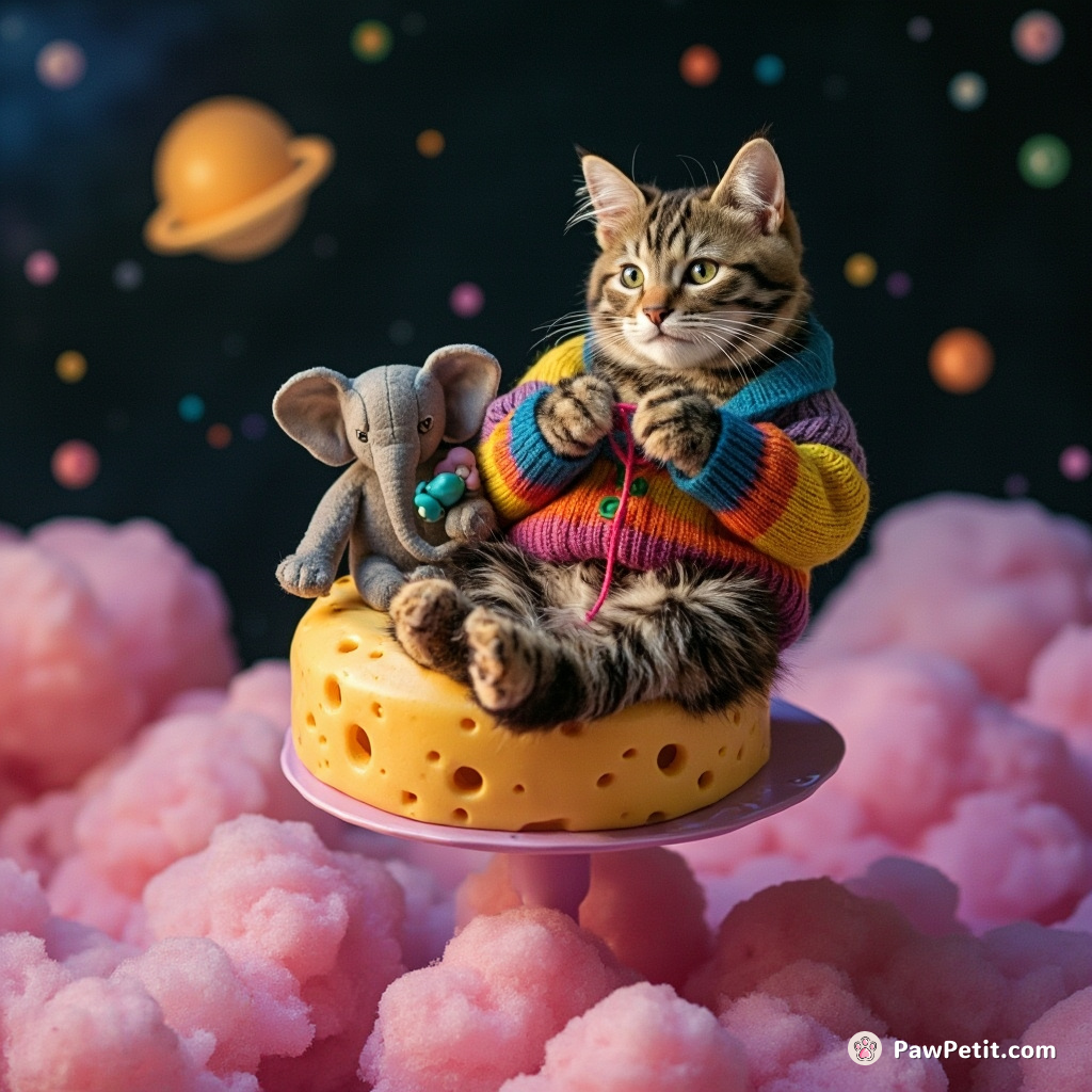 A cat knitting a rainbow sweater for a tiny elephant on top of a floating cheese wheel in space.