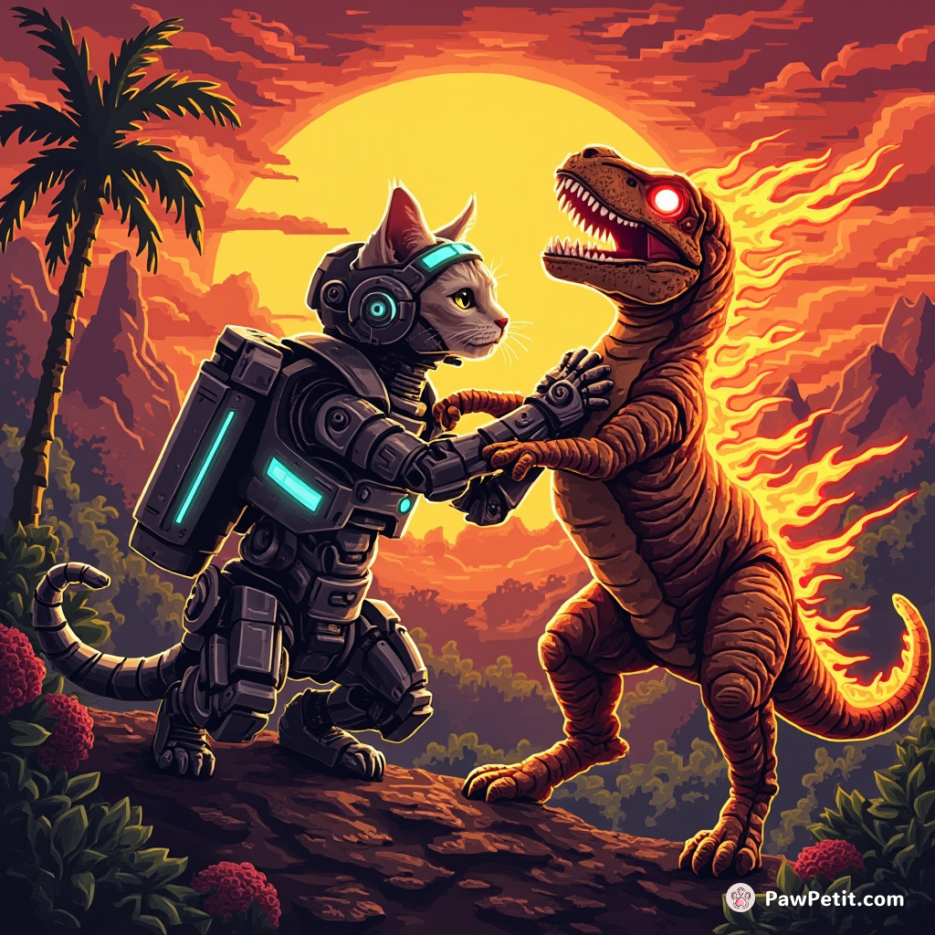 Cyborg cat taming a flaming velociraptor on the dying sun.