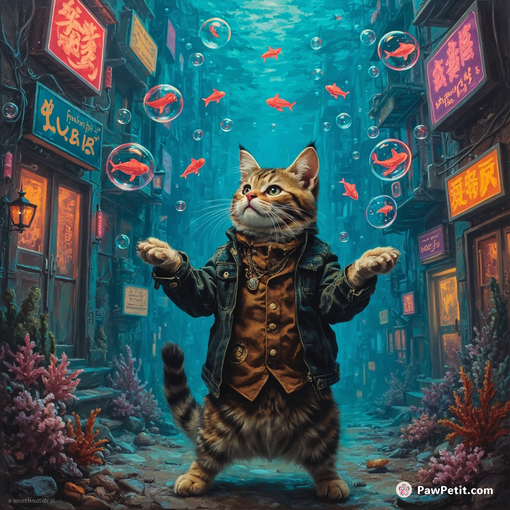 Cat juggling neon fishbubbles in an undersea cyber-punk town.