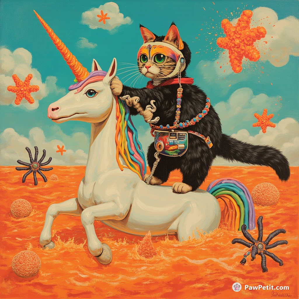 Cybernetic cat balancing on a rainbow-colored unicorn horn, swatting at exploding starfish in an ocean of fizzy orange soda.