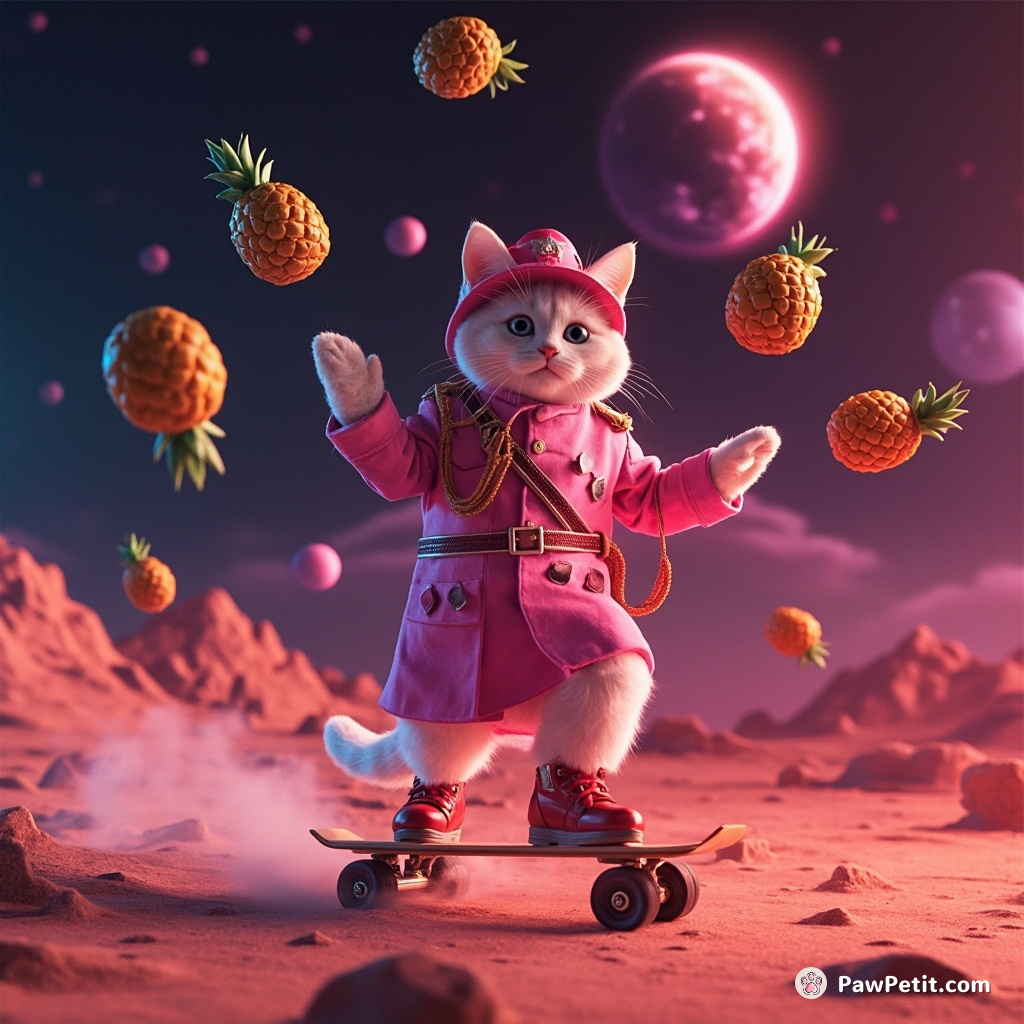 A neon-pink Civil War general cat rollerblading on Mars while juggling pineapple-shaped galaxies.