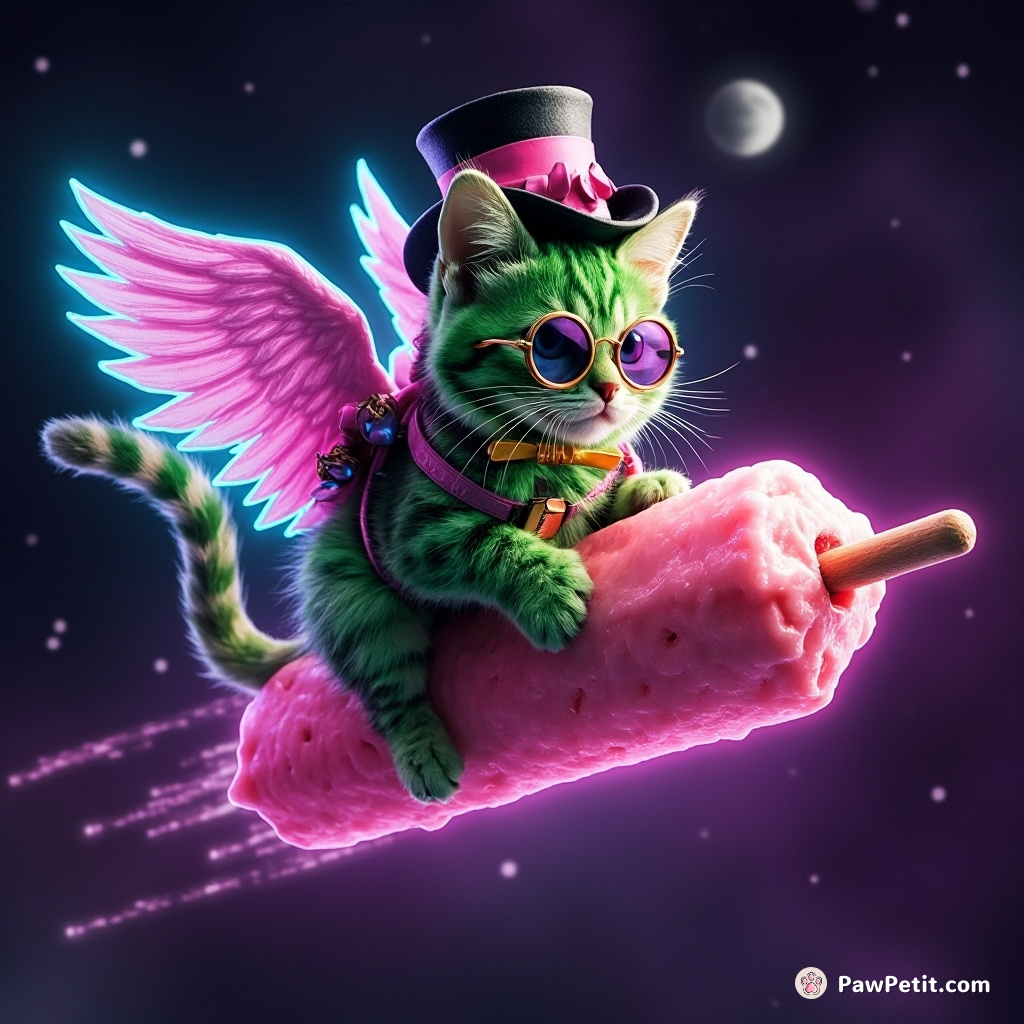 A vibrant green feline with wings, wearing a Top hat and monocle, riding a bubblegum ice cream in space.