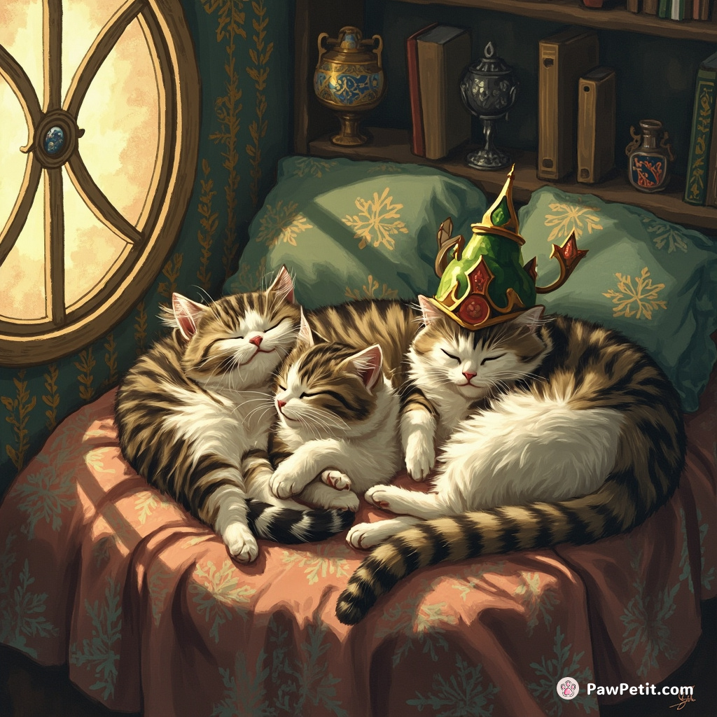 Cat overlords decree mandatory nap time, enforcing it with a flick of their tails and a commanding meow.