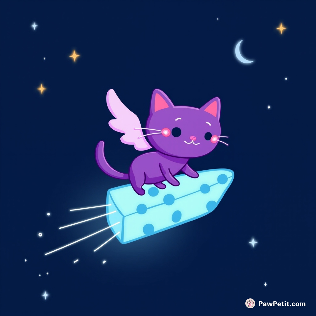 A winged purple cat surfing on a glowing blue cheese in outer space.