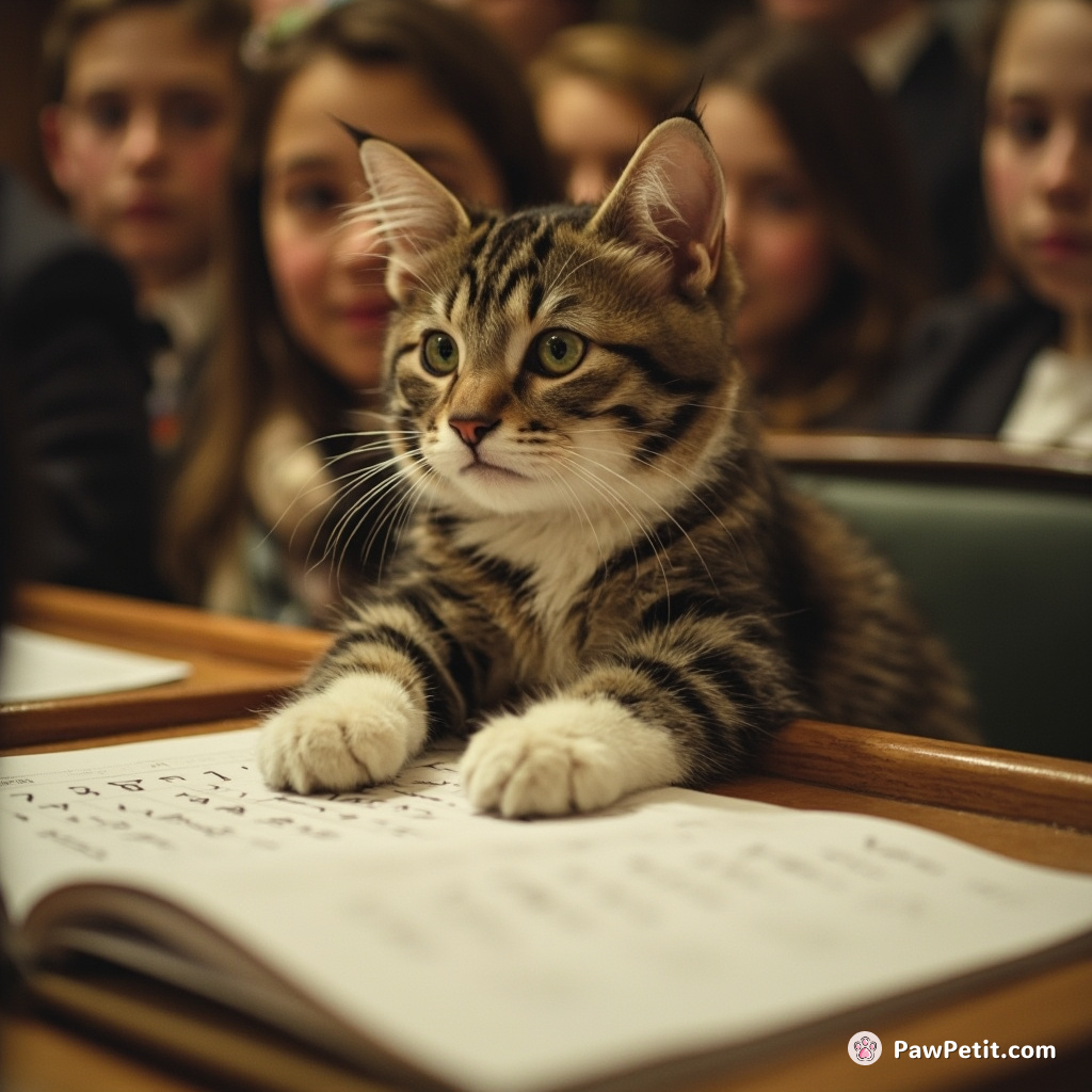 Cat enters spelling bee, quickly typing each complex word with swift, precise paw-taps, astounding human competitors.