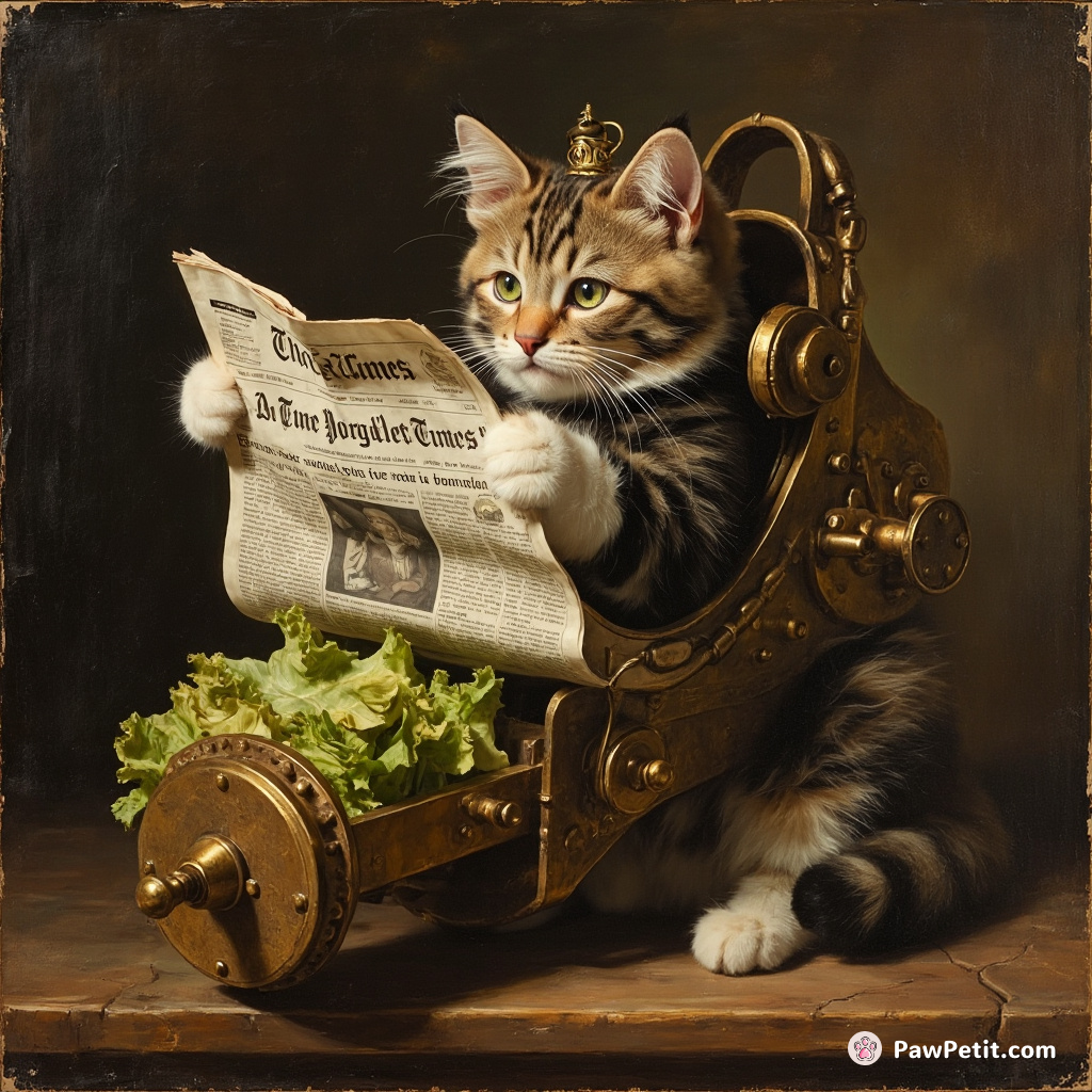 A 19th-century steampunk cat reading The Times newspaper inside a salad catapult, preparing for flight.