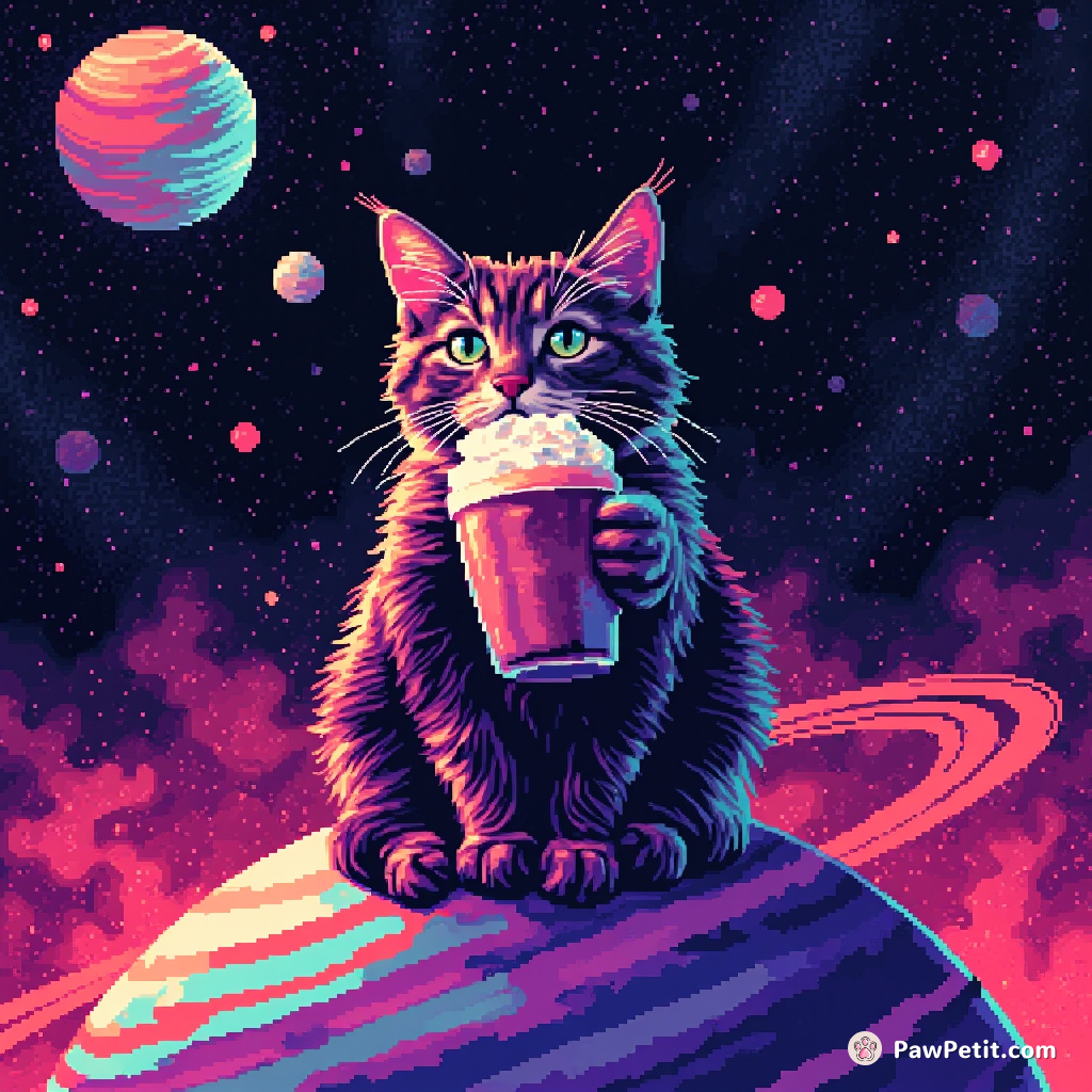 A psychedelic space cat serenely sipping a luminous nebula latte atop the rings of Saturn.