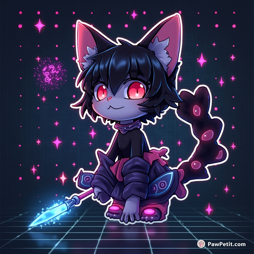 Inside the pixelated semblance resides Neona, a feline coding data layers with her magic-enhanced tail's symphonic twitches.