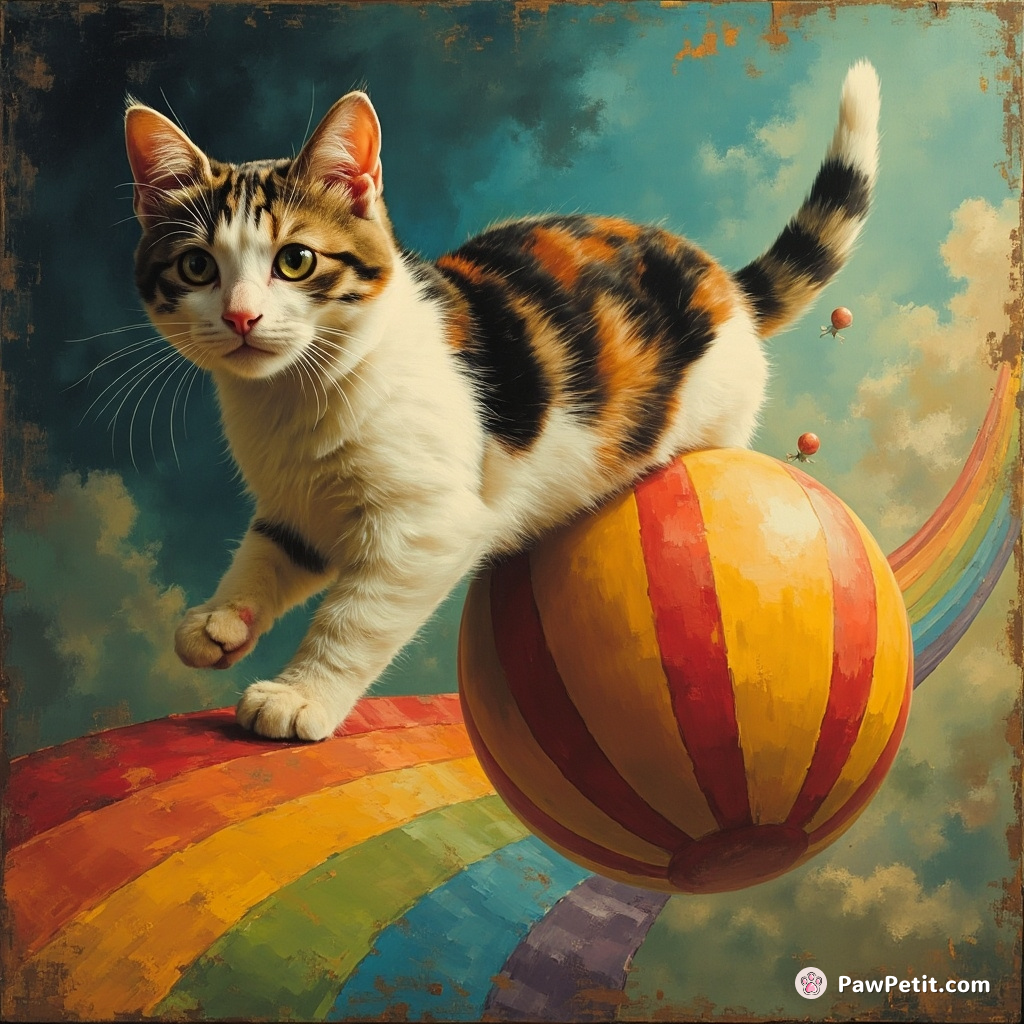 A calico cat traversing a rainbow road balanced on big top circus balls in zero gravity.