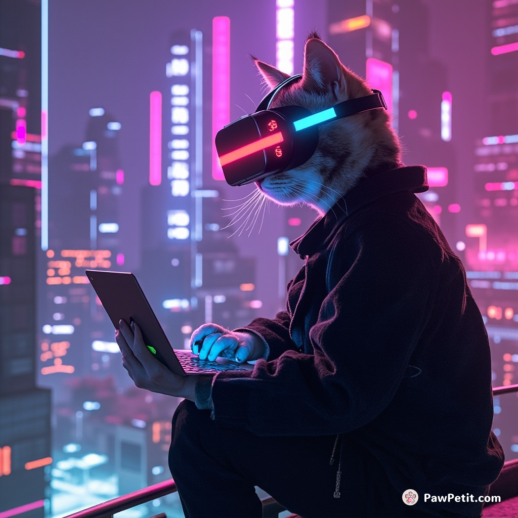 Cybernetic neon cat coding a virtual reality universe atop sleek dystopian rooftops.