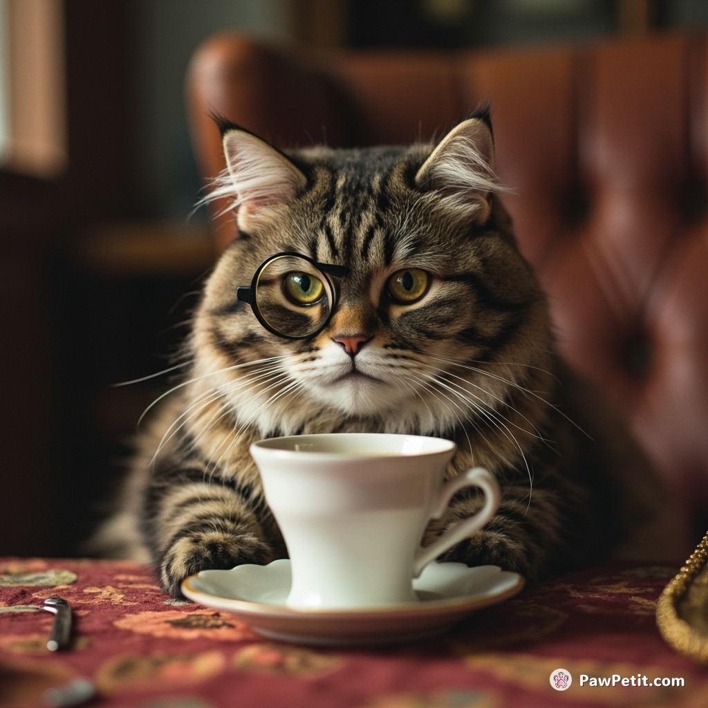 **Scenario:** A cat insists on having coffee with the humans.

**Main Action:** It sits upright at the table, sipping from a tiny saucer, wearing a monocle and a disapproving scowl.