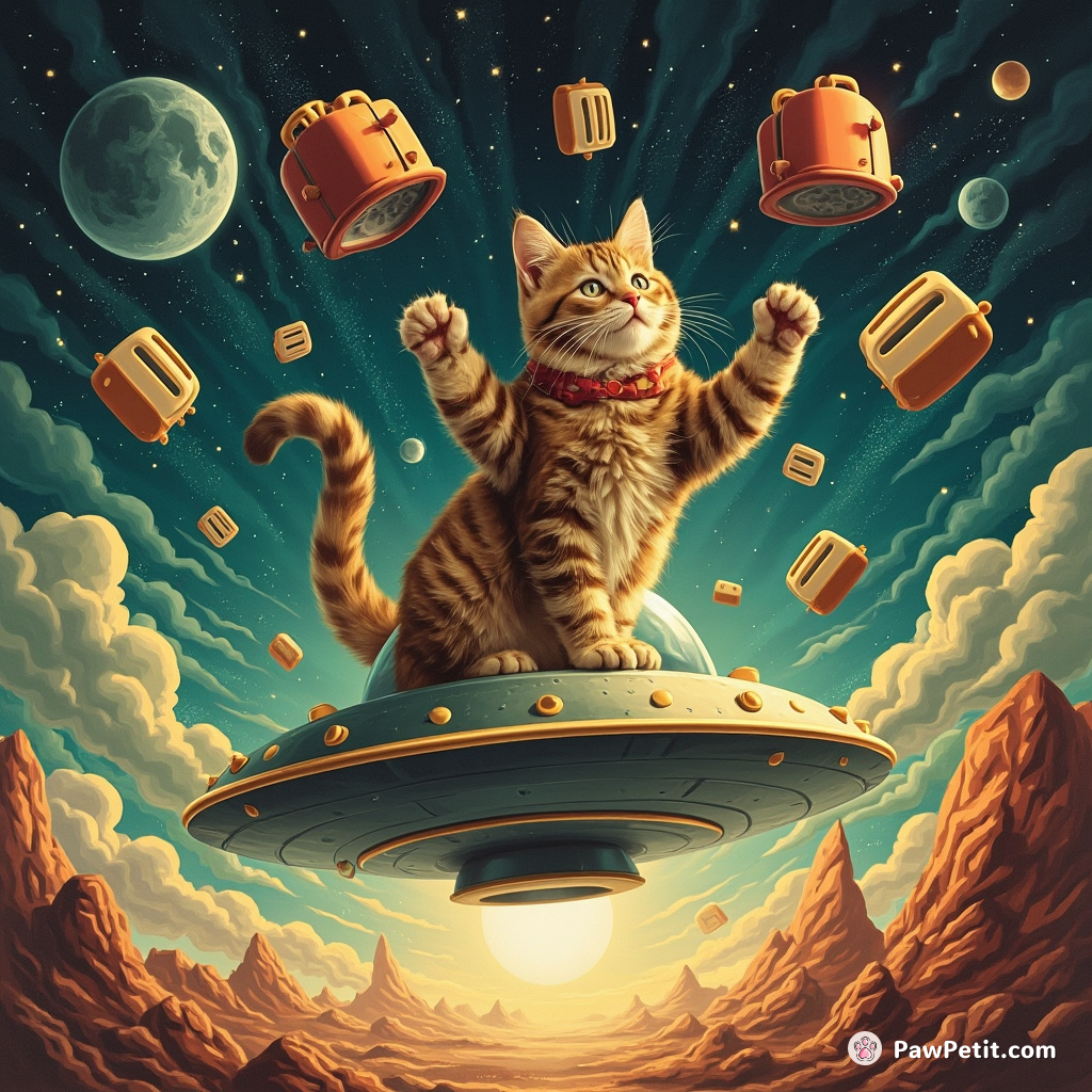 Cat riding a UFO in an alien landscape, juggling retro toasters with its tails.