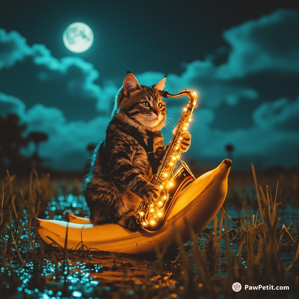 Cat playing psychedelic blues on a glowing saxophone while riding a banana slug in caramel marshland under teal midnight clouds.