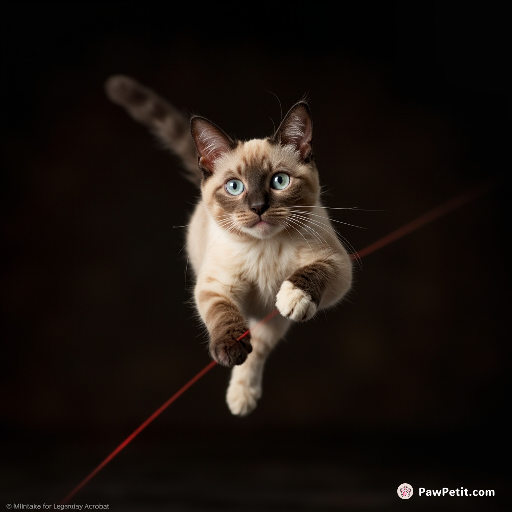 Mistaken for a legendary acrobat, a nimble housecat chases lasers, inexplicably lauded for gravity-defying leaps on stage.