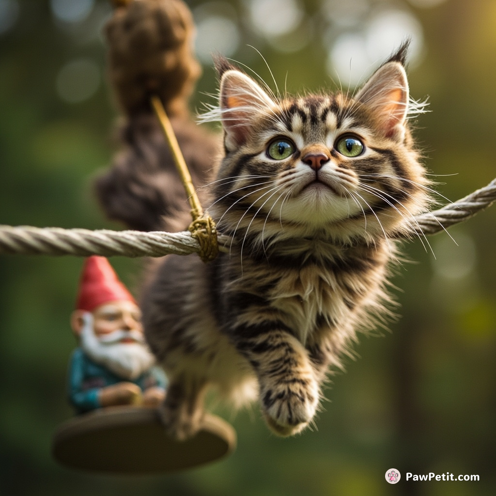 Spotting a grumpy garden gnome, mischievous feline Tiddles wound up her tail-torque and executed a textbook bungee jump.