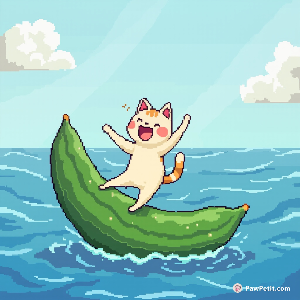 A graceful cat ballet dancing on a giant floating cucumber in the boundless ocean with expressions of utmost concentration and joy.