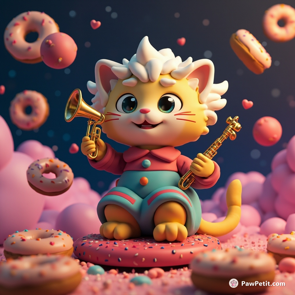A cat with Einstein's hairstyle conducting a symphony of alien instruments amidst falling donuts in the void of space.