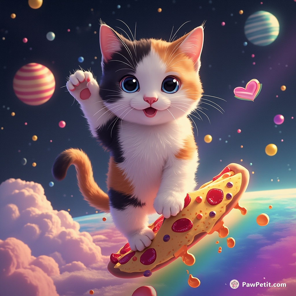 A calico cat tap-dancing on a slice of rainbow pizza in zero gravity.