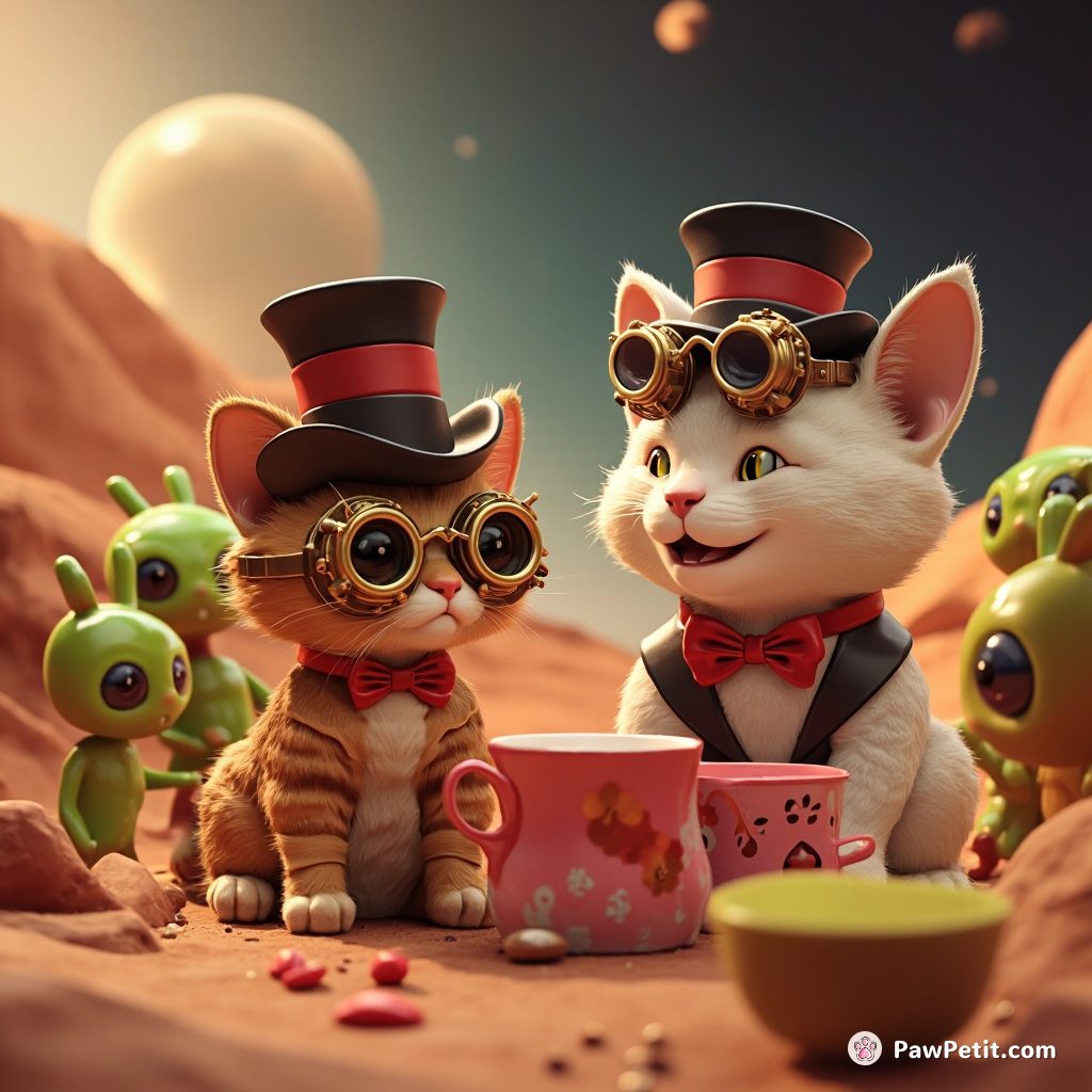 Cats hosting an elegant tea party on Mars, wearing steampunk goggles and Top Hats, surrounded by alien guests.