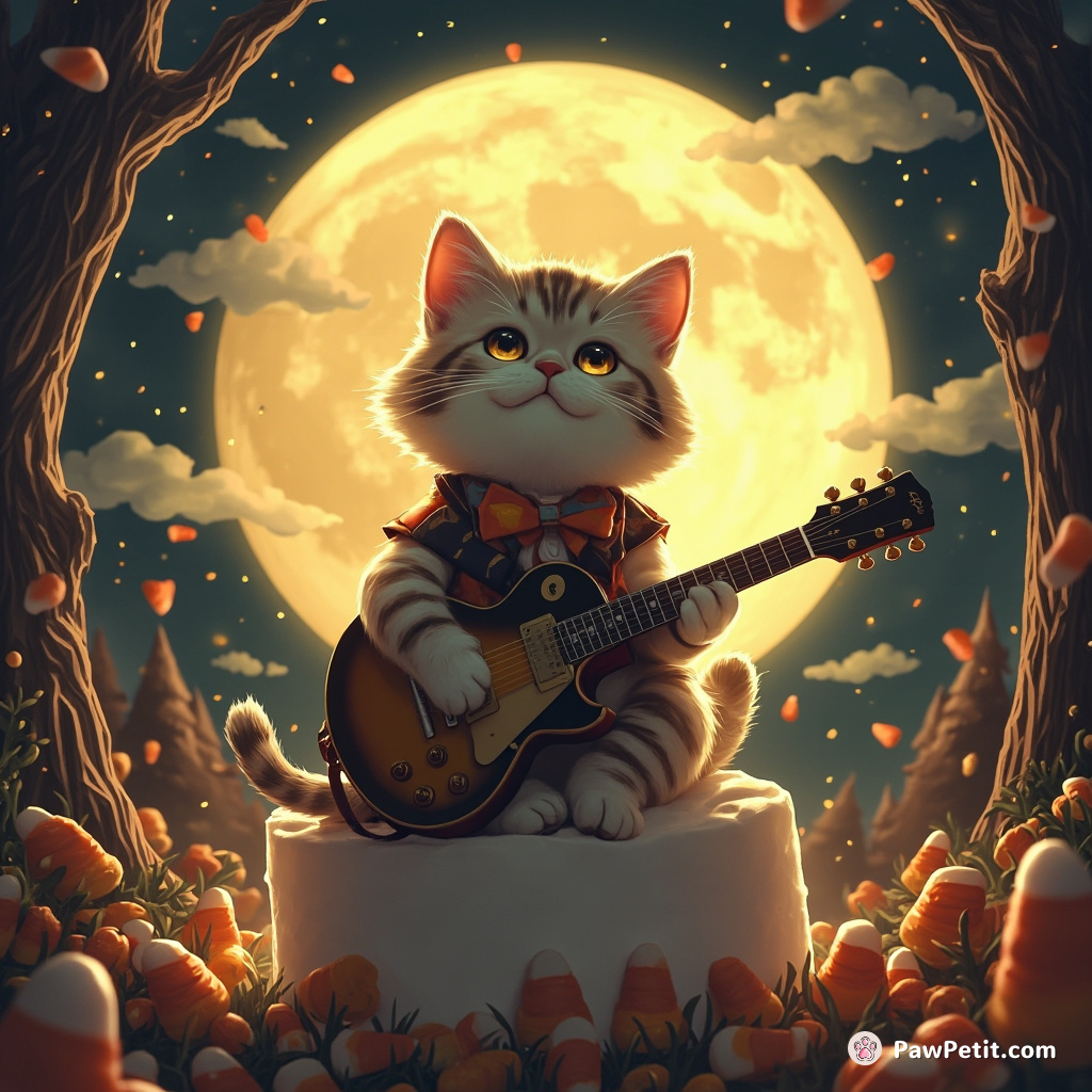Guitar-strumming cat serenading full moon atop giant marshmallow in candy corn forest.