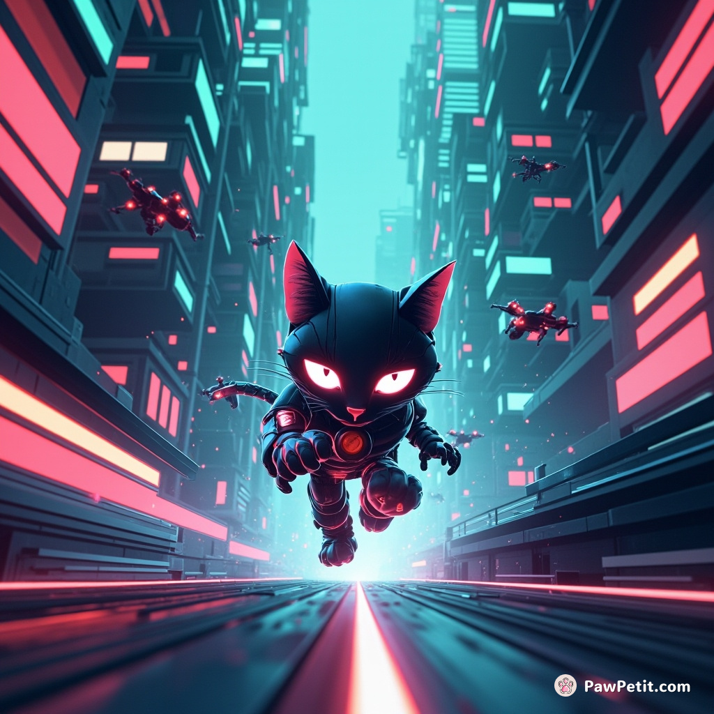 Cybernetic kitty pounces, nimbly navigating neon-lit skyways, deftly dodging bustling drones in a high-tech, futuristic metropolis.