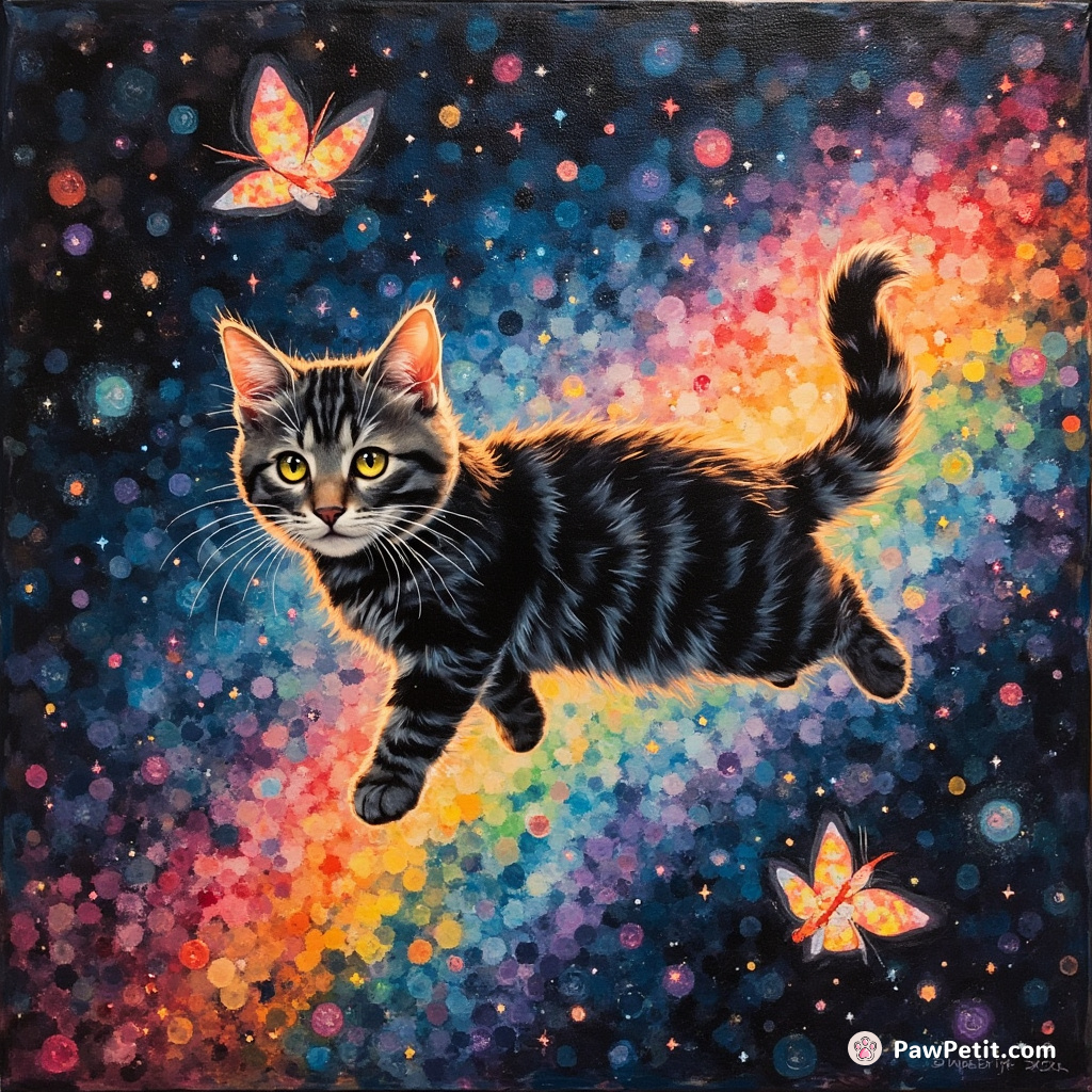 The cyber cat effortlessly skips across digital rainbows, spiritedly chasing pixelated moths in a kaleidoscope of illuminating bounded zeros and ones.