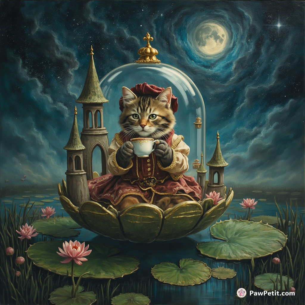 A cat wearing Victorian clothing, sipping tea in a glass castle floating on a giant lily pad at midnight under nebula skies.