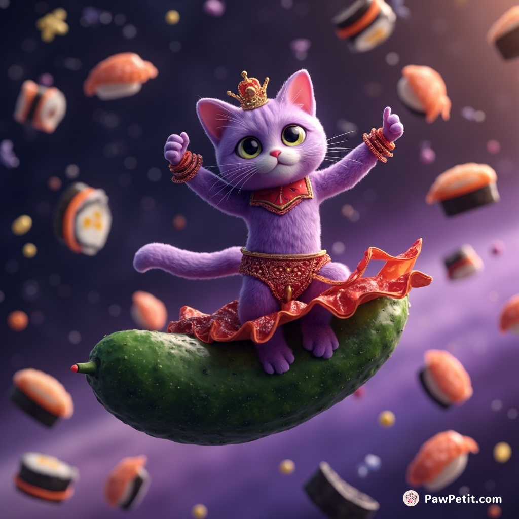 A purple cat dancing flamenco on a cucumber in outer space, surrounded by floating sushi.