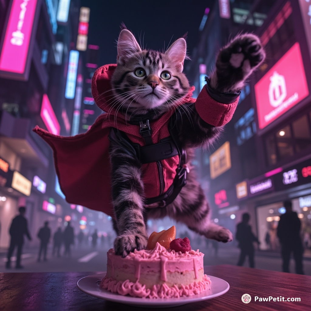 A cat is mistaken for a human hero after leaping to save a falling cake, landing perfectly.